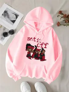 Women's "Set It Off" Letter & Figure Print Drop Shoulder Thermal Lined Hoodie, Casual Drawstring Pocket Hooded Sweatshirt for Daily Holiday Outdoor Wear, Ladies Clothes for All Seasons, Hoodie Print Hoodies