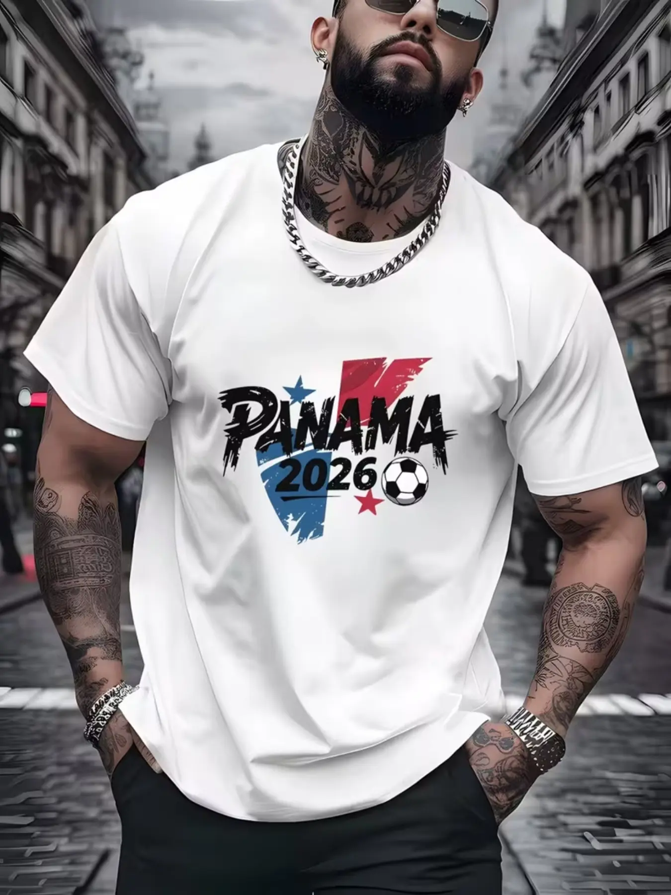 2026 Panama Football Fan Sports Print Fashion Casual Streetwear Men's T-Shirt, Comfortable & Perfect Gift, Asymmetrical Design, Short Sleeve, All Seasons