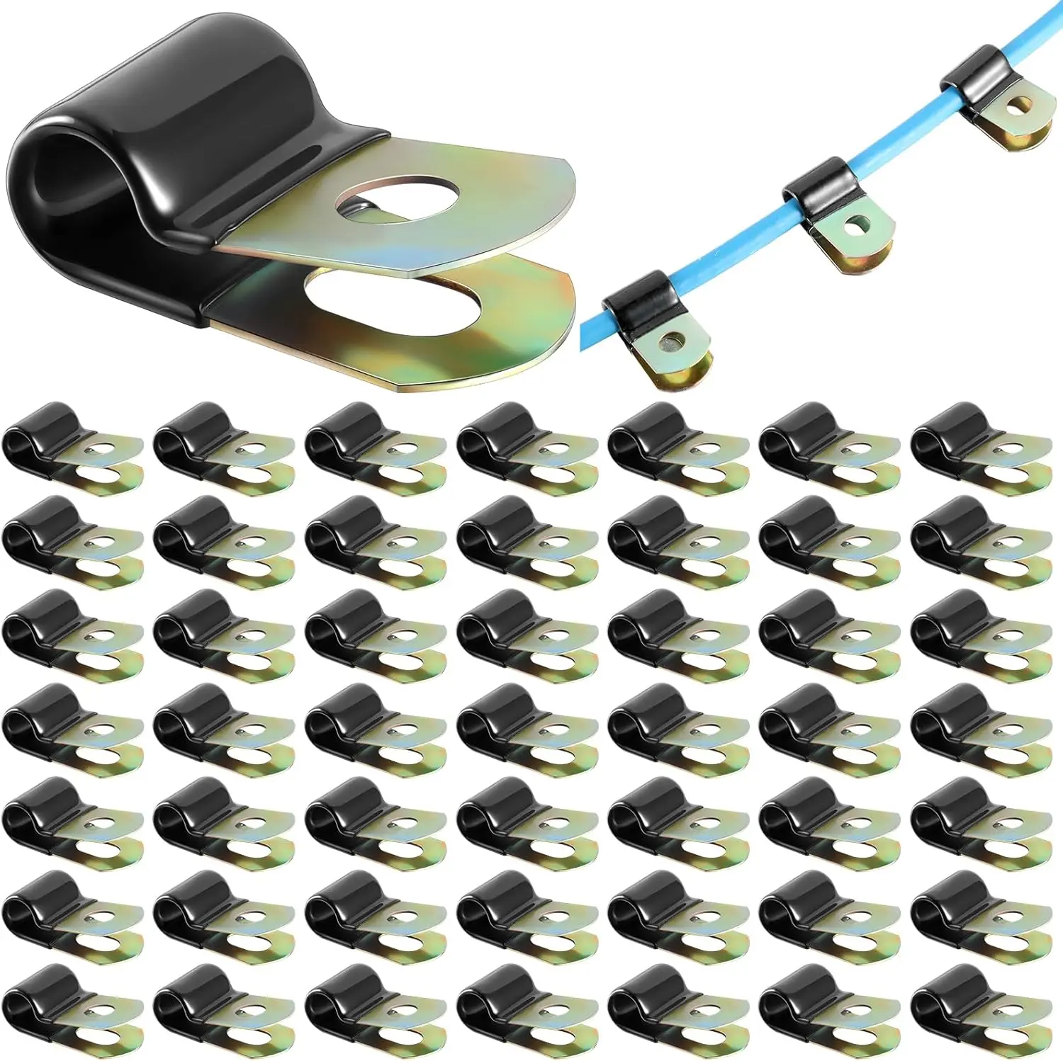 50 Pack Vinyl Coated Cable Clamps Galvanized Steel Cable Metal Wire Rubber Cushioned Insulated Hose Pipe Clamp for Tube Lines Wire Cord Installation(1/4 Inch,6mm)
