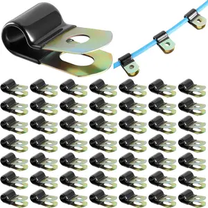 50 Pack Vinyl Coated Cable Clamps Galvanized Steel Cable Metal Wire Rubber Cushioned Insulated Hose Pipe Clamp for Tube Lines Wire Cord Installation(1/4 Inch,6mm) summervibes