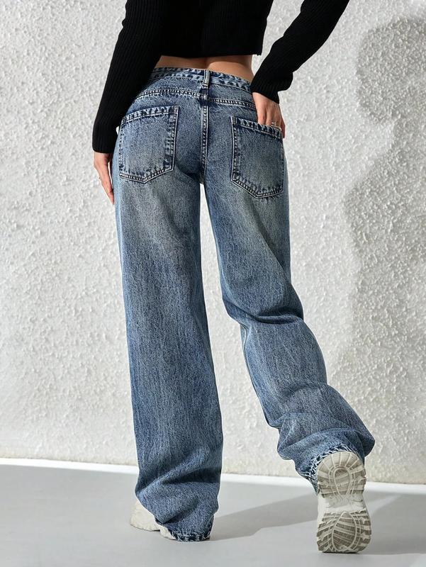 Flvsun-Women Y2k Low Rise Baggy Jeans Loose Fit Boyfriend Straight Wide Leg Jeans Trendy Stretch Long Denim Pants