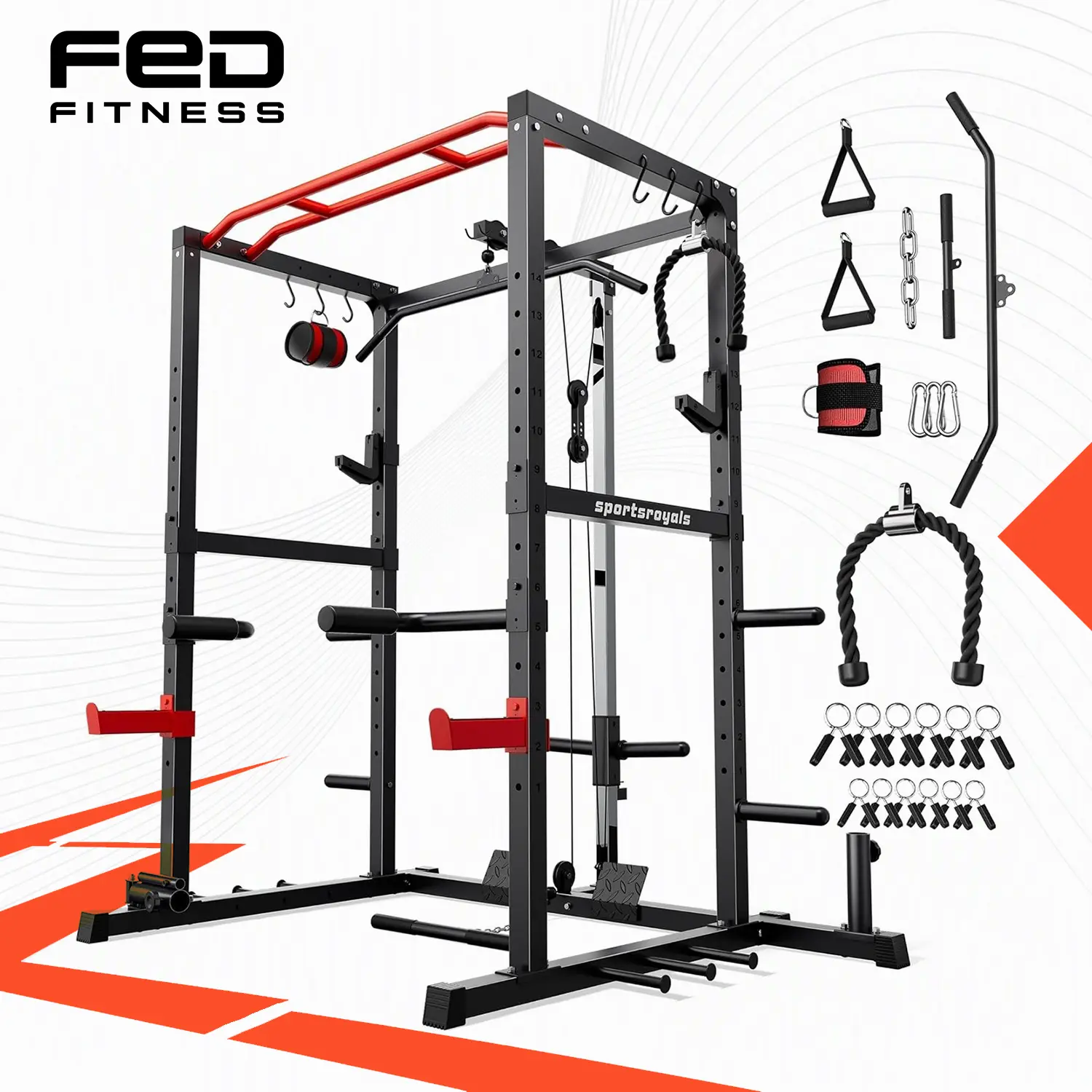 SPORTSROYALS FED Series RK2 Steel Power Rack - Adjustable Squat Rack with LAT Pulldown System, Pulley, Dip Bars, Training Attachments, Indoor Home Gym Machine Workout Machine for Strength Training, Weightlifting