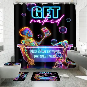 4 PCS Funny Skeleton Skull 72Wx72H Shower Curtain Set Halloween Bathroom Set Neon Goth Spooky Cool Unique Bath Rug Toilet Lid Cover U Shape Mat Accessories Bathroom Decor with 12 Hooks