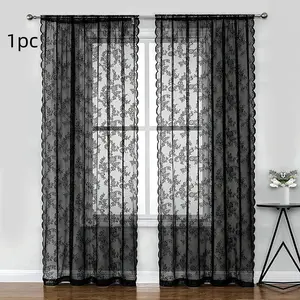 1pc Lace Floral Semi-Transparent Drapes, Wave Trim, Living Room Bedroom Floor-To-Ceiling Decor, Easy Install, Light Filtering, Privacy