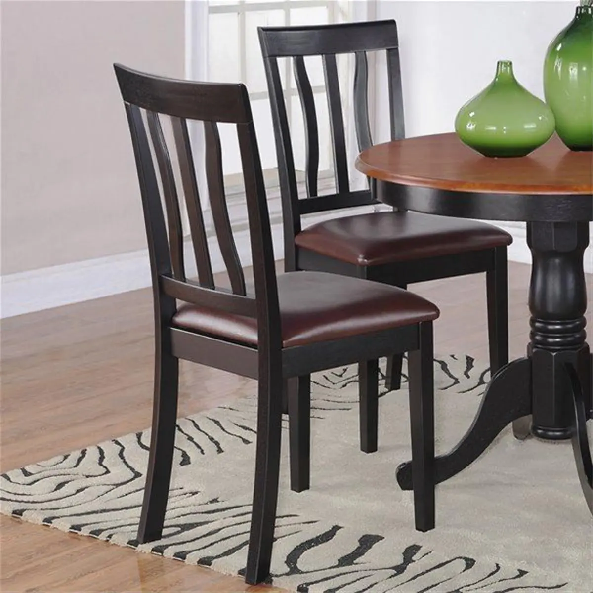 212 MAIN Imported Antique Kitchen Chairs (Pack of 2, Model AD01-LC-BL&CH) - Wood Frame, Slatted Back, Faux Leather Seat, Black & Cherry Solid Finish