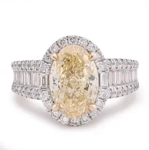 14K Yellow Gold 3CT Oval Solitaire Halo Baguette Side 4.25TC Lab Diamond Women Ring