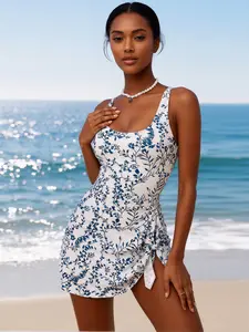 Women's Blue Botanical Print Square Neck Swim Dress Tie Side Ruched One Piece Bathing Suit Blue Floral Print Swim Dress