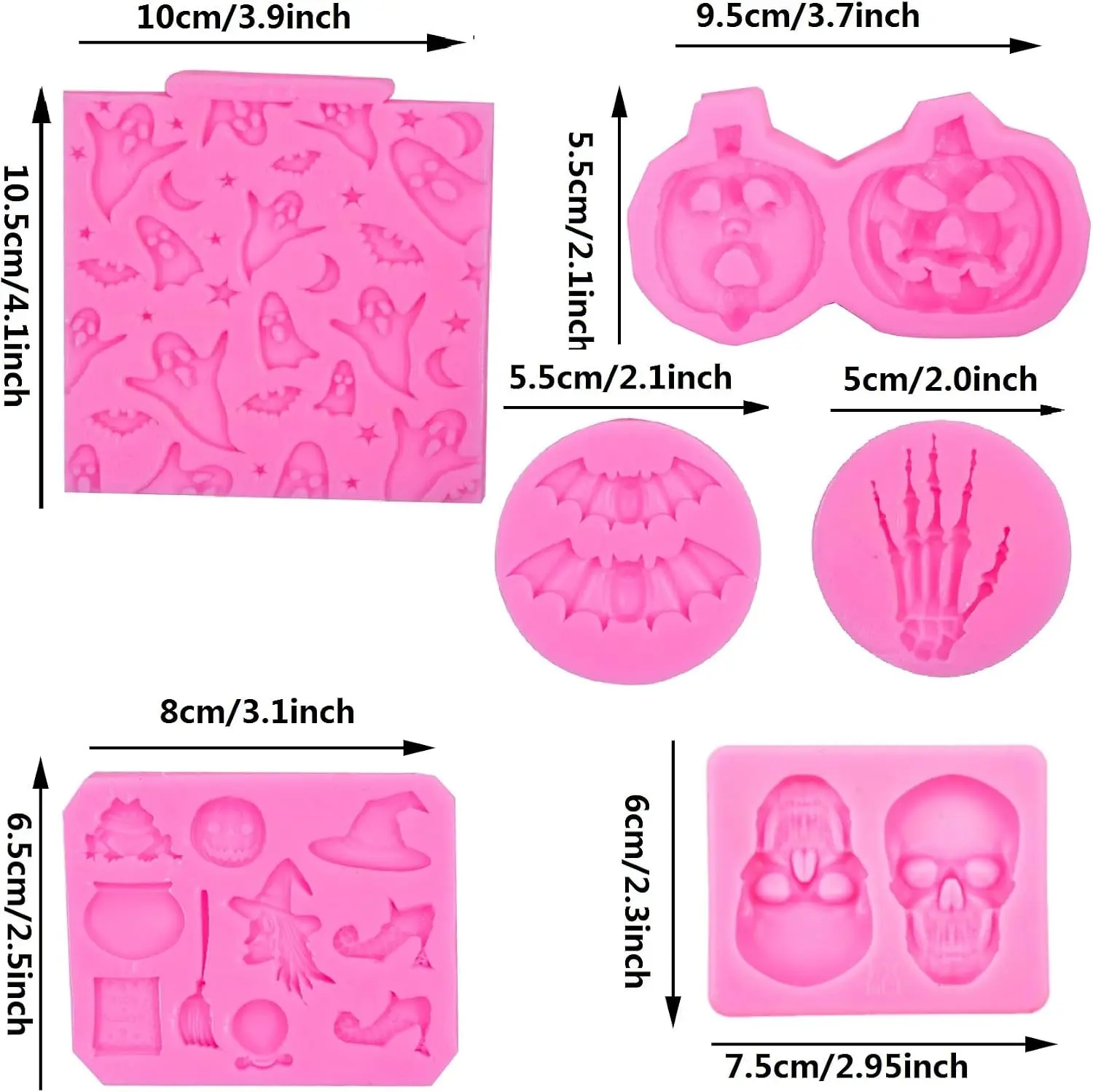 Halloween Silicone Mold Set for Chocolate, Candy, Fondant & Gummy, Pumpkin Skull Bat Ghost Skeleton Hand Molds for Cake Decorating, Cupcakes, Resin, Polymer Clay & Halloween Party Treats
