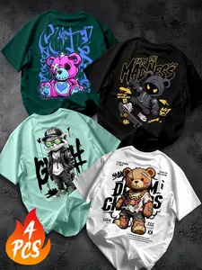 4-Pack Plus Size Men's T-Shirts, Street Style Cartoon Loose Fit Set, Casual Combo Tops, Long Lettuce Trim, Short Sleeve, All over Print