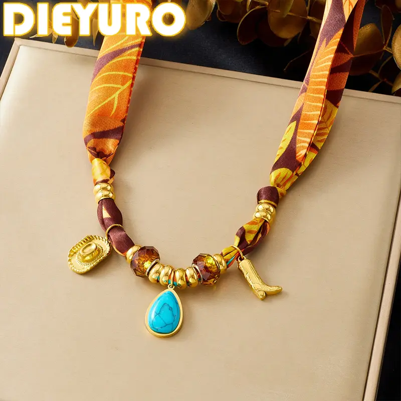 316L Stainless Steel Golden Hat Boots Water Drop Turquoise Pendant Necklace Lady Tawny Ribbon Chain Jewelry Glamorou
