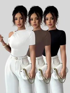 New Trendy Elegant High-Quality Versatile Casual Fashionable Top Women's Off-Shoulder T-Shirt Set, 3-Piece, Fitted, All Seasons, Plain Pattern