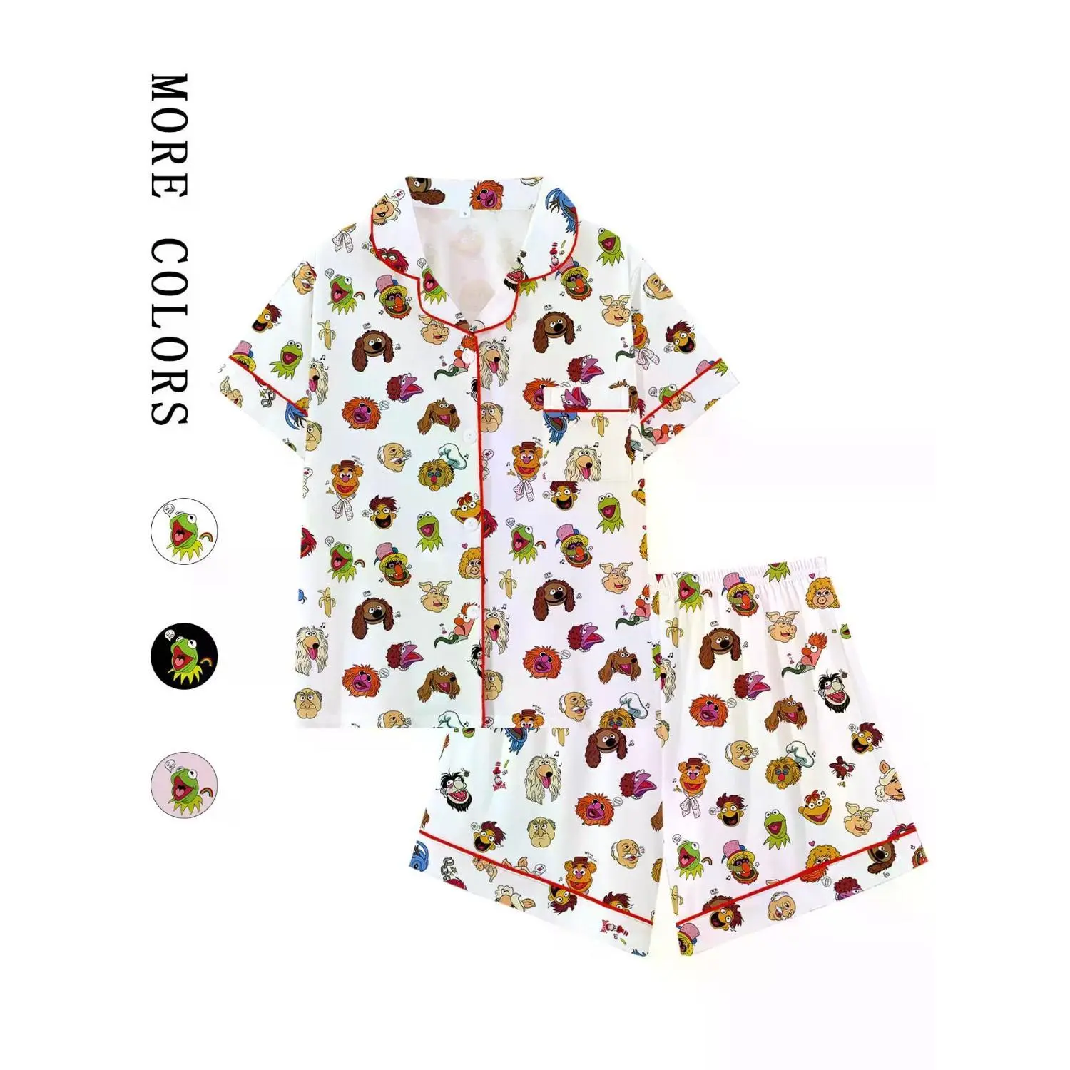 Loose-Fit Muppets Cartoon Print Short Sleeve Pajama Set, Comfortable All-Season Loungewear, Perfect Relaxation & Travel Gift