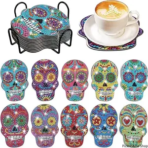 Skull Pattern DIY Diamond Painting Coasters With Display Rack, Decorative Wooden Art Coasters With Shiny Rhinestones, Suitable For Home Office Coffee Table, Handmade Craft For Daily Use And Gifting