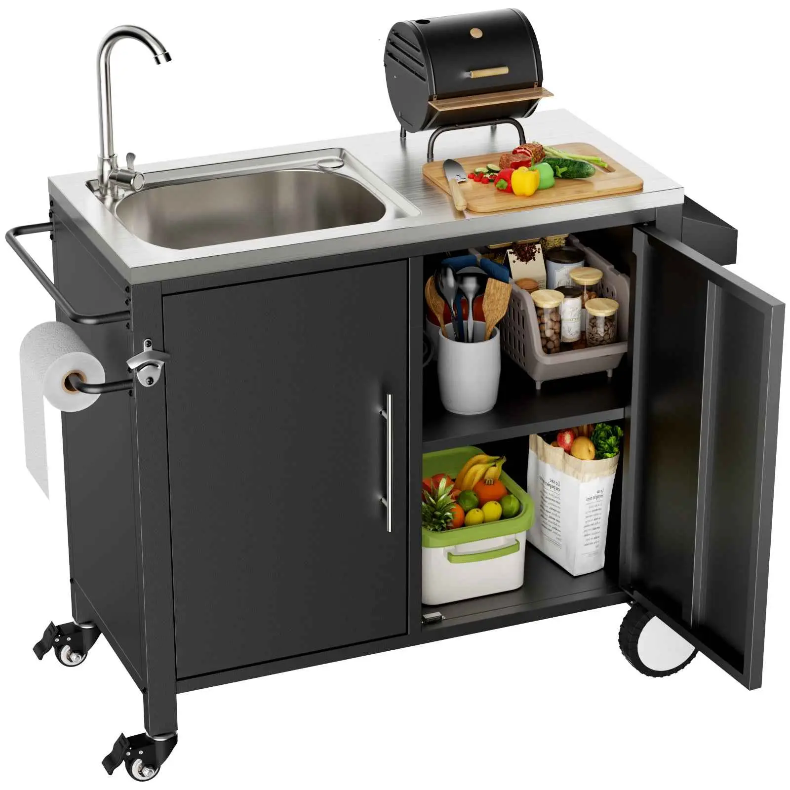304 SS Outdoor Grill Cart with Sink, Locking Wheels, Removable Parts, and Storage Cabinet