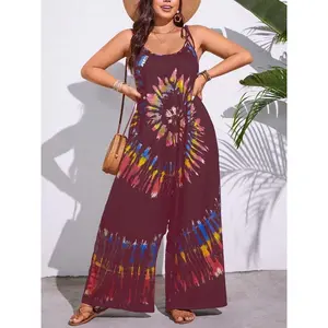 【 plus size 】 Colorful printed tie shoulder jumpsuit, summer casual Bohemian patch printed sleeveless jumpsuit, women's daily clothing, work clothes, Bohemian women's clothing, printed jumpsuitRAIMENTRY