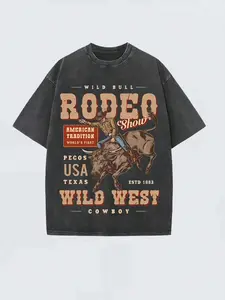 Cowboy Competitive Competition Letter Pattern Printed Washed Cotton T Shirt Men's Summer Retro Classic Fashion Loose Casual Black Tee Moderate Thickness Perfect for Outdoor Daily Wear Back to School and Friend Gifts