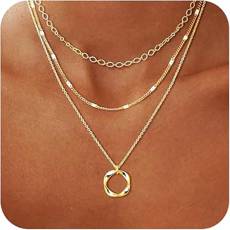 Layered Silver Necklaces for Women, Silver Stackable Stack Choker Necklaces for Women Trendy Layering Circle Pendant Chain Necklace Set Jewelry for Women