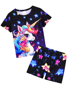 Girls' Short Sleeve Pajama Set, Unicorn Print, Comfortable Slim Fit, Cartoon Pattern, Casual Home Sleepwear, 2-Piece Set
