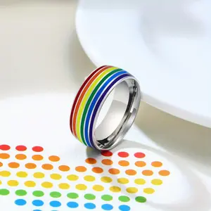 Men's Stainless Steel Statement Multi Ring - Drip-Oil Rainbow Stripes, Multi-Ring Look, Business Casual Accessory, Pride Month Gift, Sizes 7-11