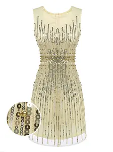 Retro Stage 1920s Retro Beige Sleeveless Heart - Shaped Neckline Sequin - Adorned Dress for Daily Wear, Banquets and Parties Formal Elegant Womenswear Aesthetic