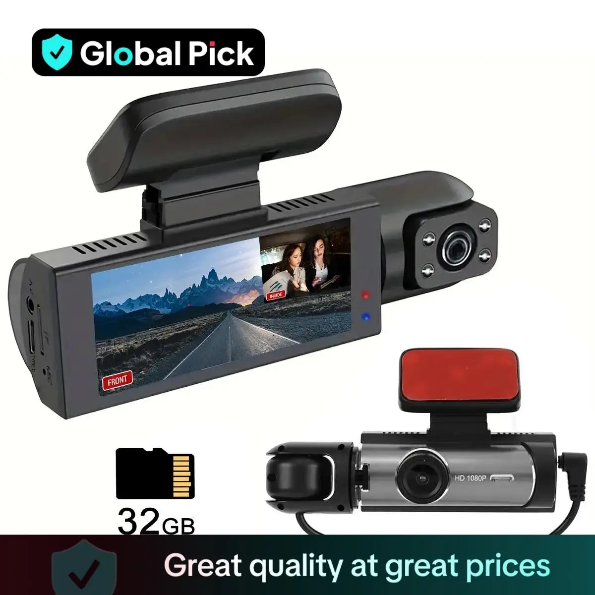 Global Pick 3.16 Inch IPS Screen 1080P Dual Recording Car DVR, Car Front & Rear Camera Video Surveillance, Car Electronics for Car, Truck, SUV