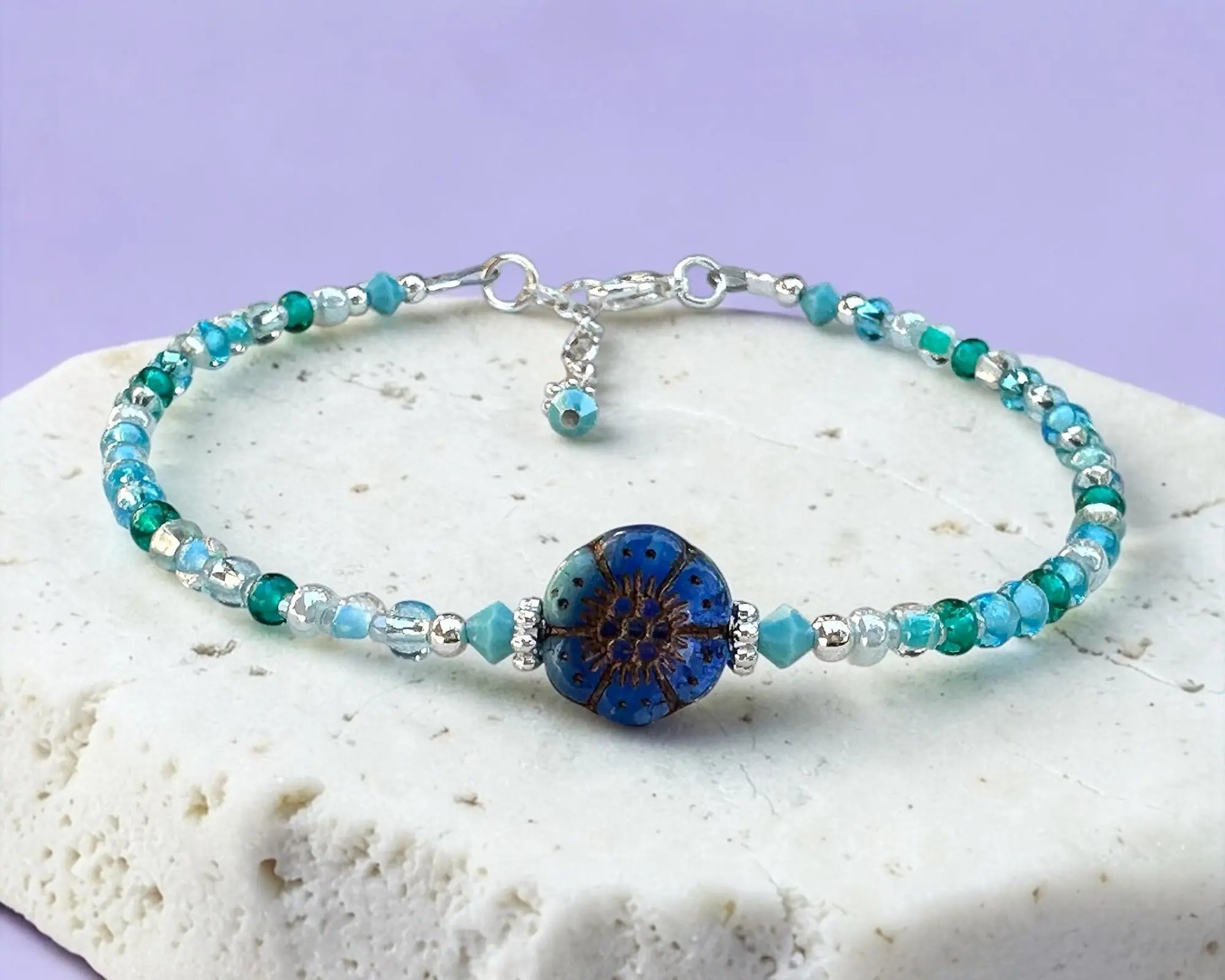 Aqua Blue Floral Silver-Plated Anklet