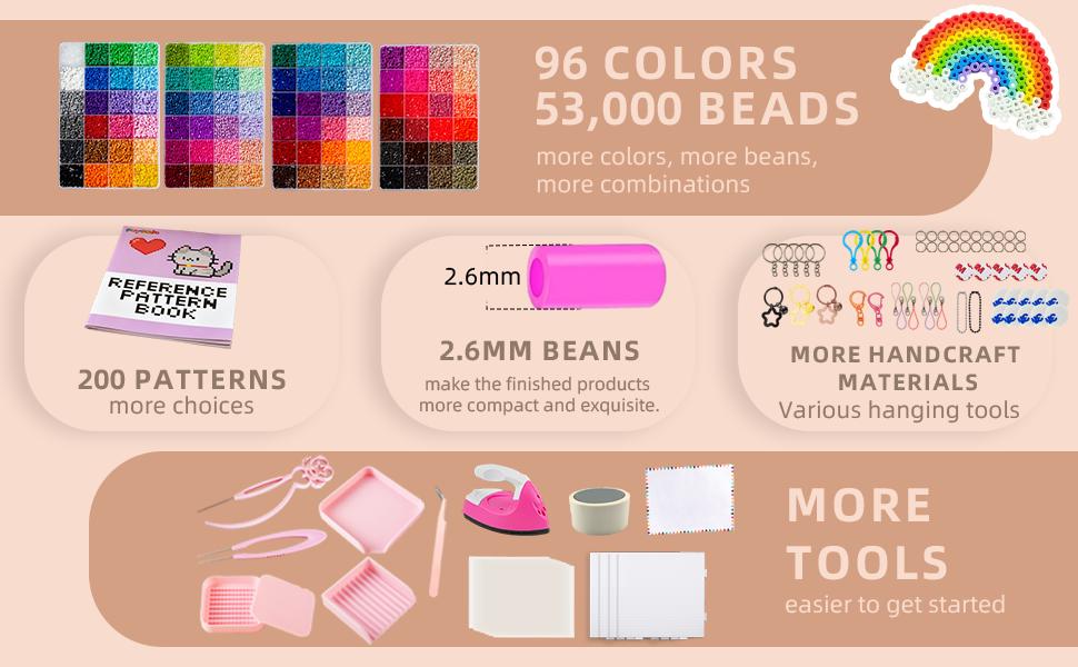 Psykade Fuse Beads Kit-Easy DIY-96 Colors 53000 2.6mm, 200+ Patterns, Built-in Iron |   DIY Crafts Supplies for Women, Art Decorations for Room, Ideal Gift,Pixel Art,All-in-One