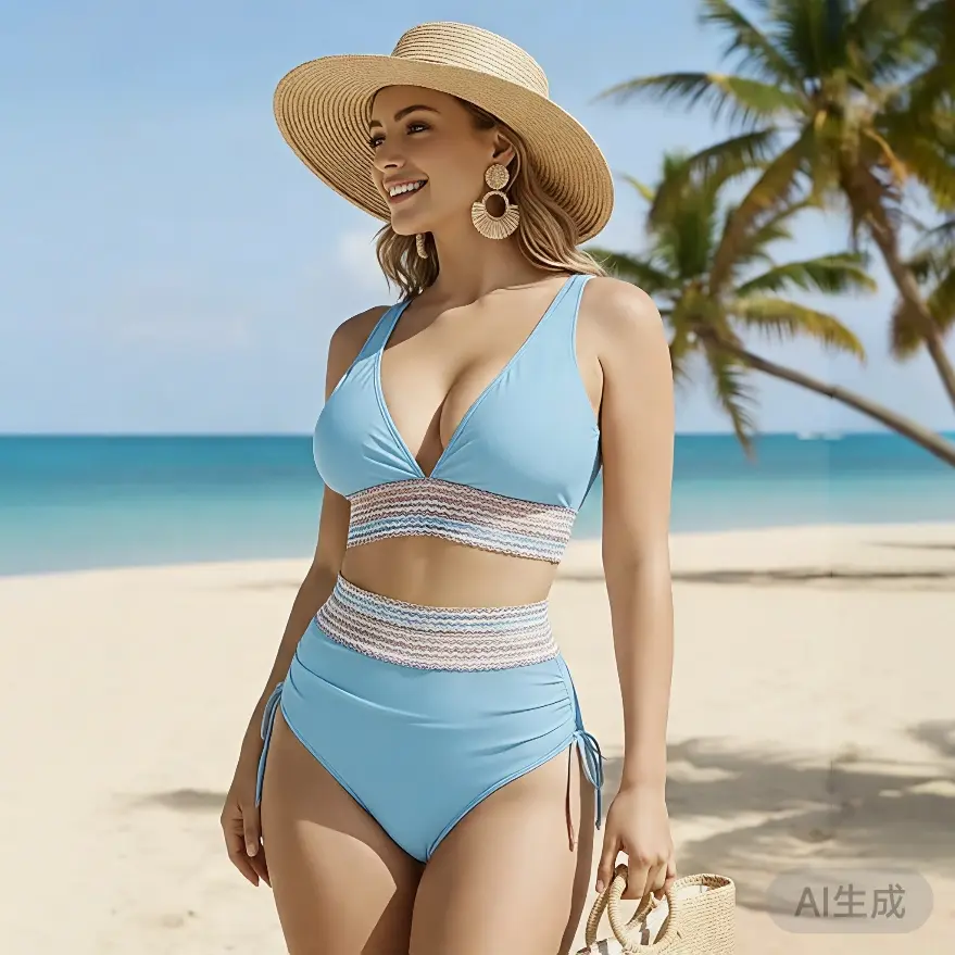 Women's High-Waisted Color Block V-Neck  2-Piece Bikini Swimsuit Set, Ideal for Sports & Outdoor Activities#summervibes