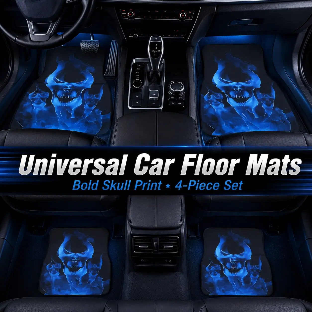 4pcs Cool Skull Printed Car Floor Mats, Non-Slip Universal Fit for Suvs Sedans Trucks, Washable Durable Auto Carpet, Stylish Interior Decor, Car Mat Set, Car Truck Accessories, Automotive Floor Mats, Car Accessory