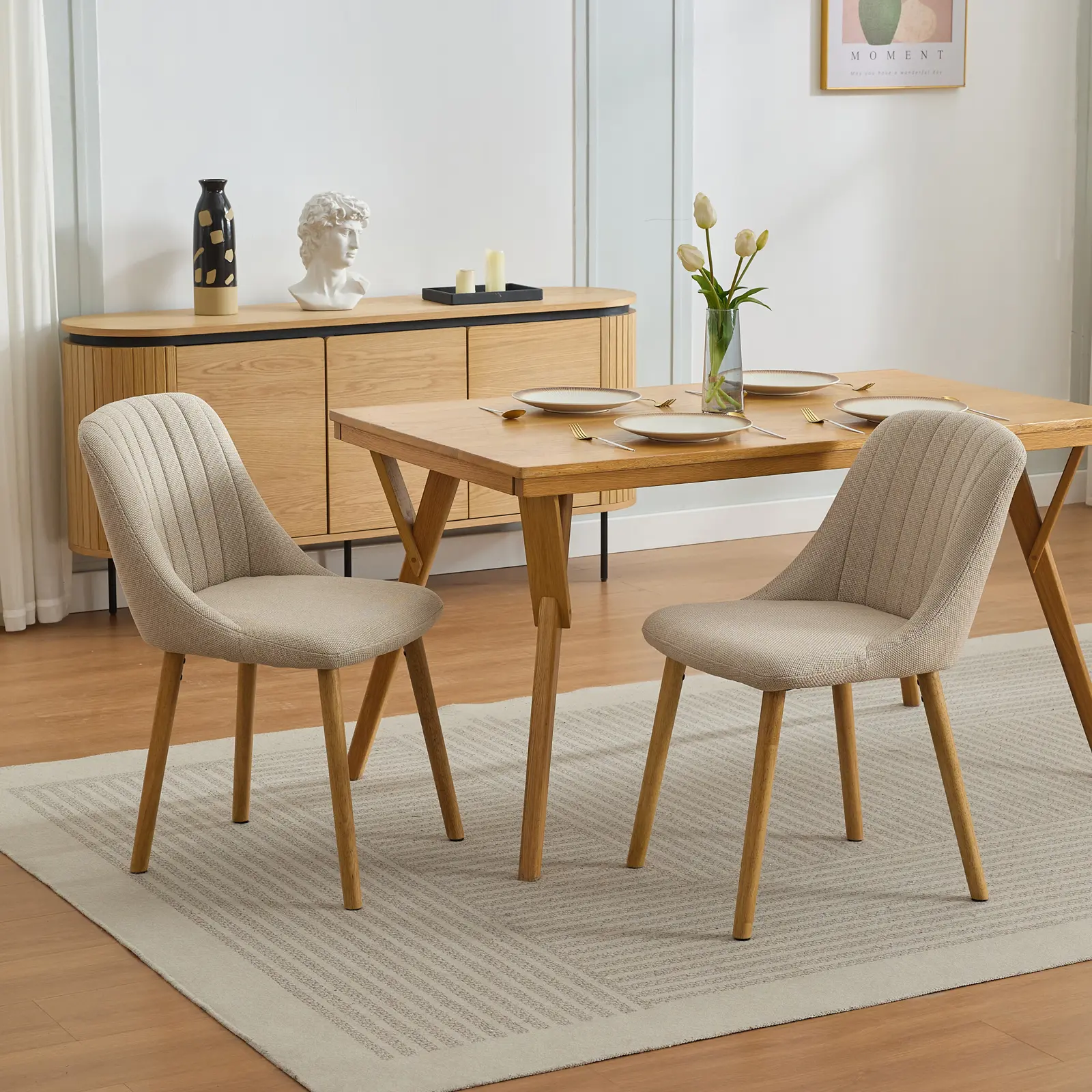 Modern Upholstered Dining Chairs Set of 2, Ergonomic Kitchen Chairs with High Back Support, 300lbs Capacity, Oak Wood Legs for Dining Room, Home, Restaurant, Polyester, Easyclean, Quicksetup