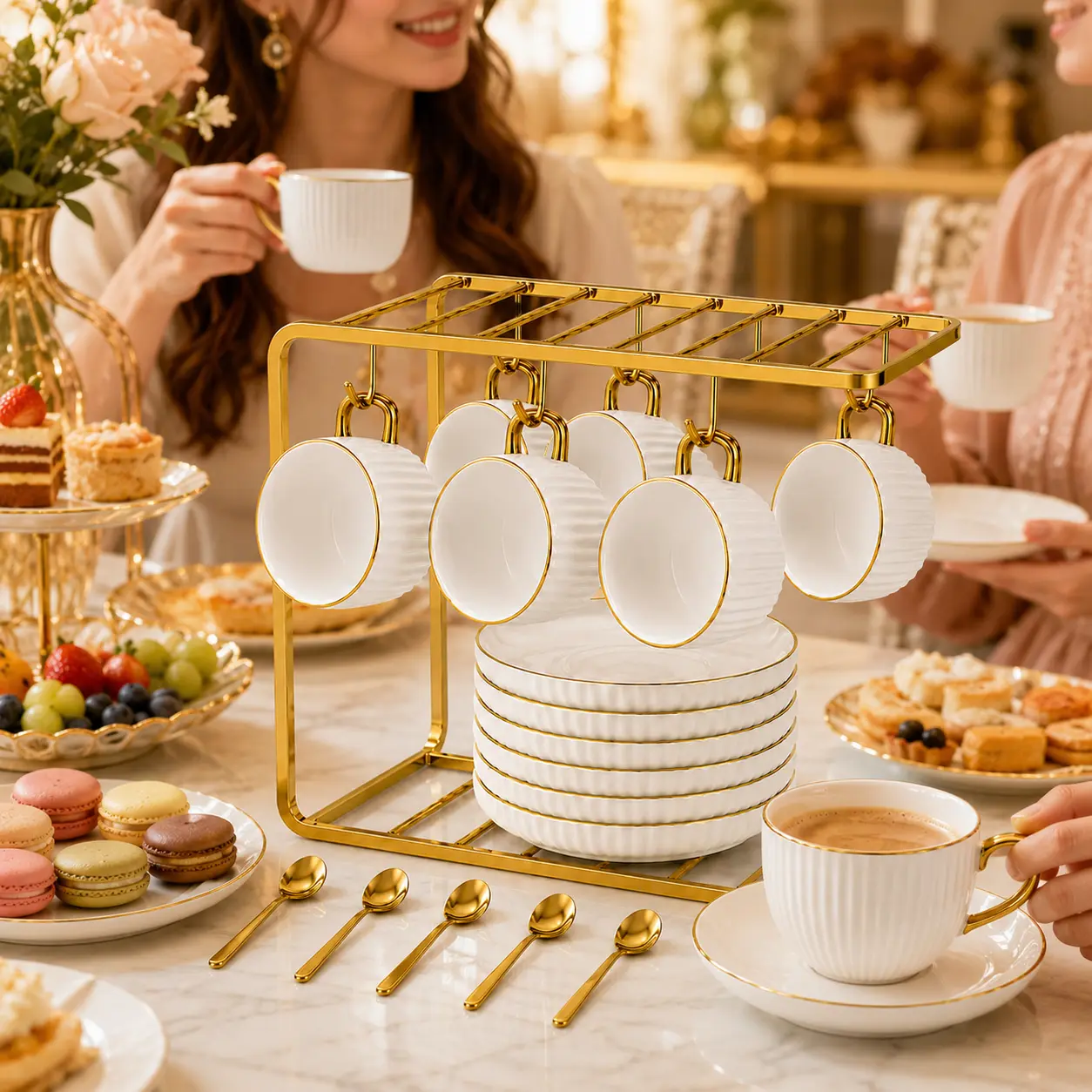 6-Piece Electroplated Ceramic Coffee Cup & Saucer Set - Minimalist Modern Design, Ergonomic Handle, Ribbed Texture Body, Luxury Gold Beverage Organizer, Ideal for Afternoon Tea Time, Party Use, Everyday Home Gifting