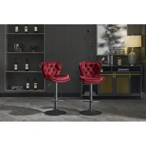 Set of 2 Bar Stools with powder Footrest and Base Swivel Height Adjustable Mechanical Lifting Velvet + powder Leg Simple Bar Stool-RED