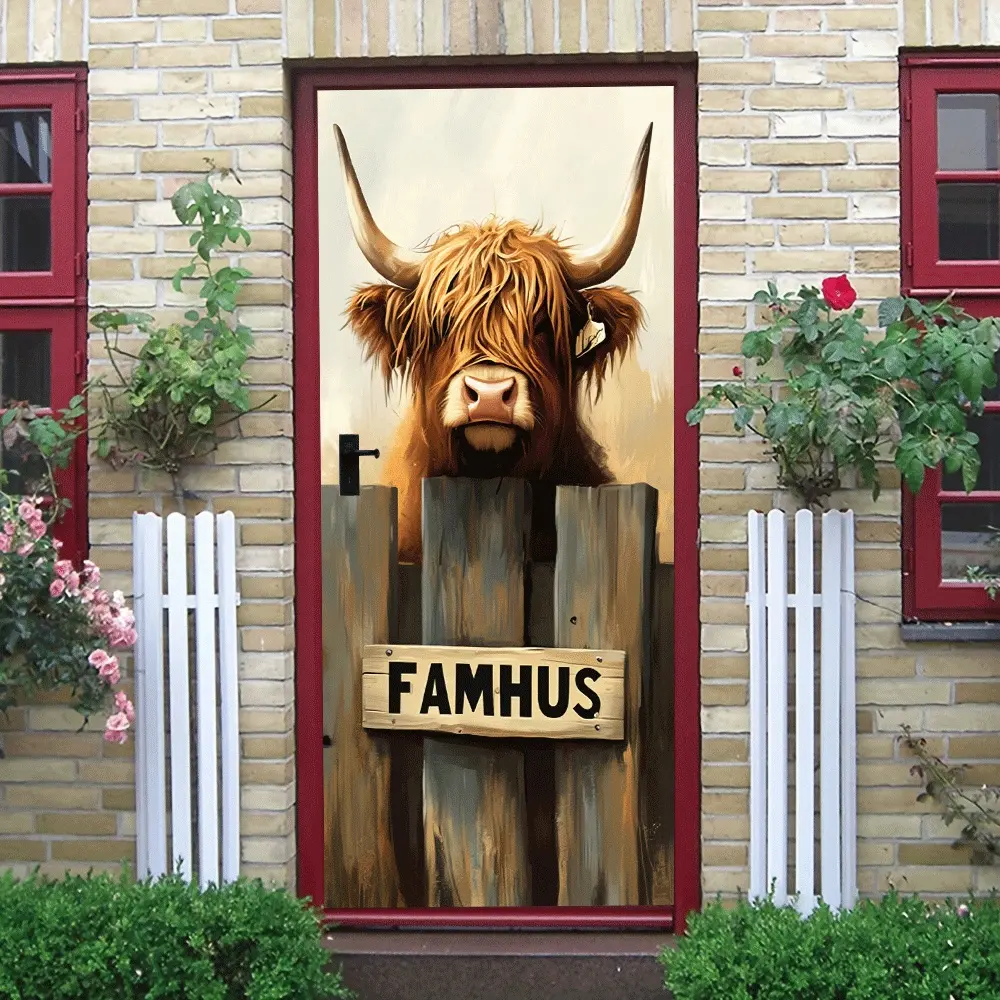 2pcs Cute Highland Cow Wooden Fence Wall Sticker Nordic Style Farm Animal Decorative Decal Self Adhesive Wallpaper for Living Room Bedroom Kids Room Cartoon Pet Home Decoration Mural