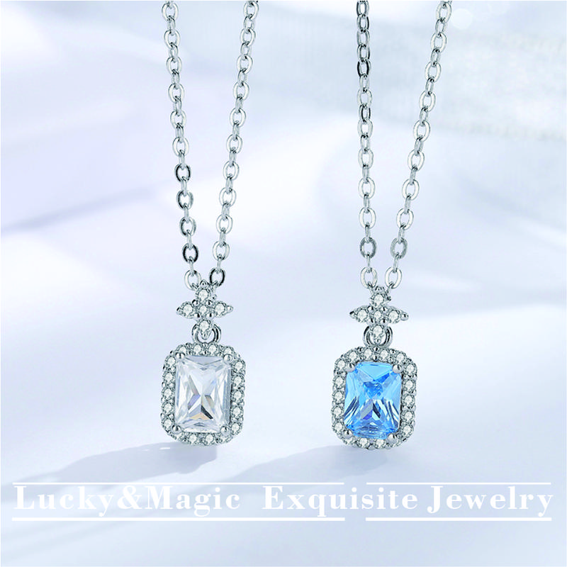 Women's 925 Silver Pineapple Necklace - Female Fine Jewelry with Sea Blue Gem Square Diamond Pendant, Lucky & Magic Chain Link Accessory, No Excessive Frills Birthday Gift for Wife