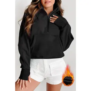 Black Fleece Lined Zip Up Stand Collar Thumbhole Sleeve Sweatshirt
