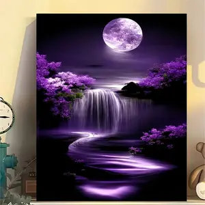 2D canvas art, 1 piece of purple moon, waterfall, purple flowers - Framed canvas art - Perfect for wall decoration in the bedroom, living room, dining room, bathroom, or hallway - Themed decorative painting