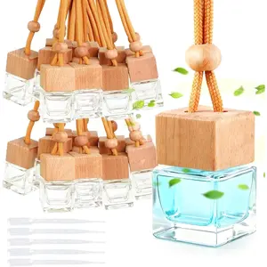 52 Pcs Car Essential Oil Hanging Bottle Square Style Glass Diffuser Bottles, Hanging Fragrance Diffuser, Refillable Air Freshener, Empty Perfume Pendant for Car Interior Bedroom Office