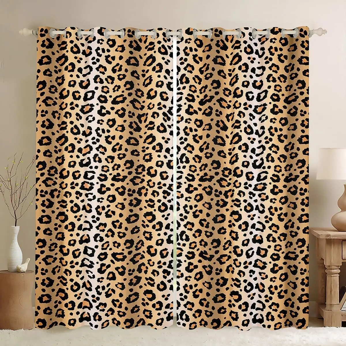 Brown Leopard Bedroom Darkening Drapes Safari Animal Fur Window Curtains Leopard Stripes Blackout Curtains Animal Fur Window Treatments (2 Panels)
