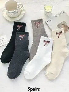 5 Pairs Thickened Loop Butterfly Knot Mid-Calf Socks   Comfortable, Breathable, Thermal and Warm Knitted Socks   Ideal for Women's Daily Casual Wear at Home