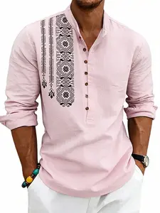 Men's Long Sleeve Linen Casual Shirt, Loose Fit Ethnic Style, Breathable Stand Collar Button Down, Spring Summer Fashion, Wholesale