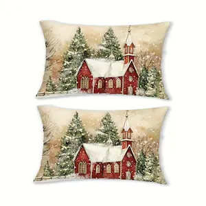 2pcs, Retro Winter Christmas Print Pillowcase Set, Snowflake and Tree House Design Home Decorative Covers, Cushion Cases for Living Room or Bedroom Sofa, Single Sided Printing, No Pillow Core