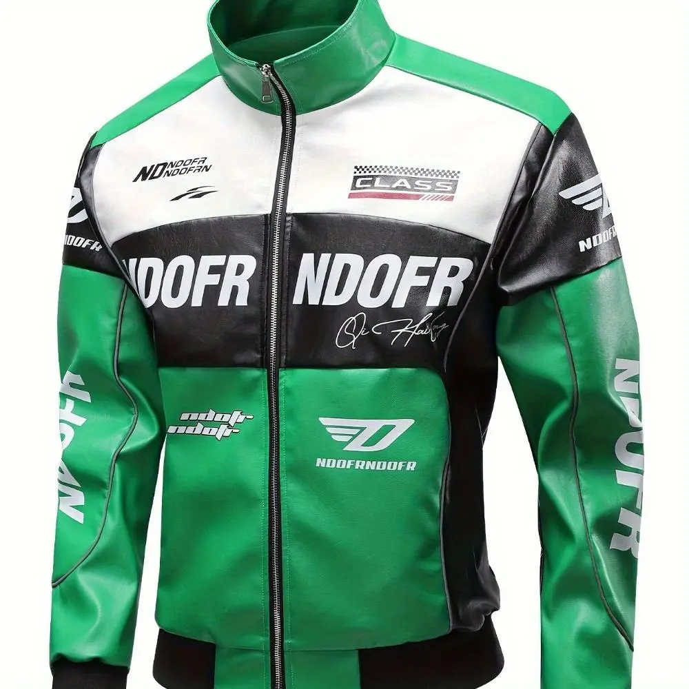 Men's PU Leather Racing Style Zip-up Jacket - Green and Black Color-block, Stand Collar and "HOOD FRENDS" Pattern Print, Casual Streetwear, Casual Clothing, Daily Jacket | Modern Casual Jacket | Smooth Leather Jacket Long Sleeve Suits
