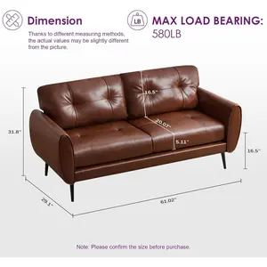 Mid Century Modern Brown Leather Loveseat, 61" Small, 28" x 60.6" x 30.7", 2 Seater, Chestnut Brown, Tufted, Comfortable, Office, Living Room, Bedroom