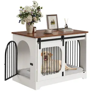 Garvee 39" Dog Crate Furniture with Washable Cushion, Triple-Door Wooden Pet Kennel End Table for Medium Dogs, Heavy Duty Side Table Dog Cage for Living Room & Bedroom, Chew-Resistant Modern Dog House, Easy Assembly, Fits Dogs Up to 70 lbs