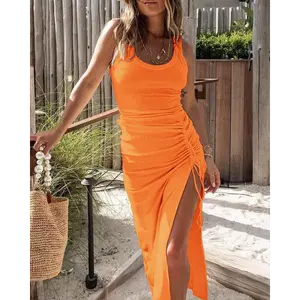 Chicme Ribbed Sleeveless Drawstring Ruched High Slit Dress