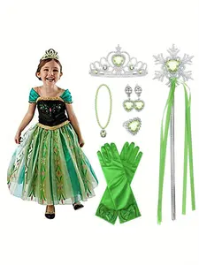 Girls Princess Dress Green Costume with Crown Magic Wand Gloves Earrings Necklace Ring for Christmas Birthday Party Fancy Dress Outfit