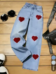 Valentine's Day Women's Wide Leg Fit Jeans Pants, Heart Embellished Rhinestone Design, Perfect for Daily Vacation and Date