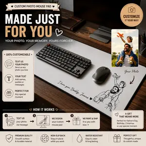 Personalized Leather Desk Mat from Photo, Custom Line Art Mouse Pad for Dad, Father’s Day Gift for Husband, Daddy Picture Desk Pad Mouse Mat