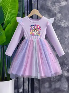 Girls' Spring Autumn Princess Dress, Princess Design, Long Sleeve Contrast Sequin Star Moon Gradient Net Skirt, K-Pop girls print, White|Pink|Purple|Light Blue, suitable for daily wear or birthday vacations in spring, summer, and autumn