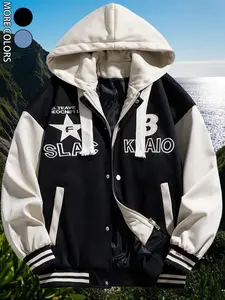 Men's 2 in 1 Colorblock Letter Print Zip Up Drawstring Hooded Jacket, Casual Regular Fit Long Sleeve Button Front Pocket Outerwear for Spring & Fall, Fashion Men's Clothes for Daily Wear